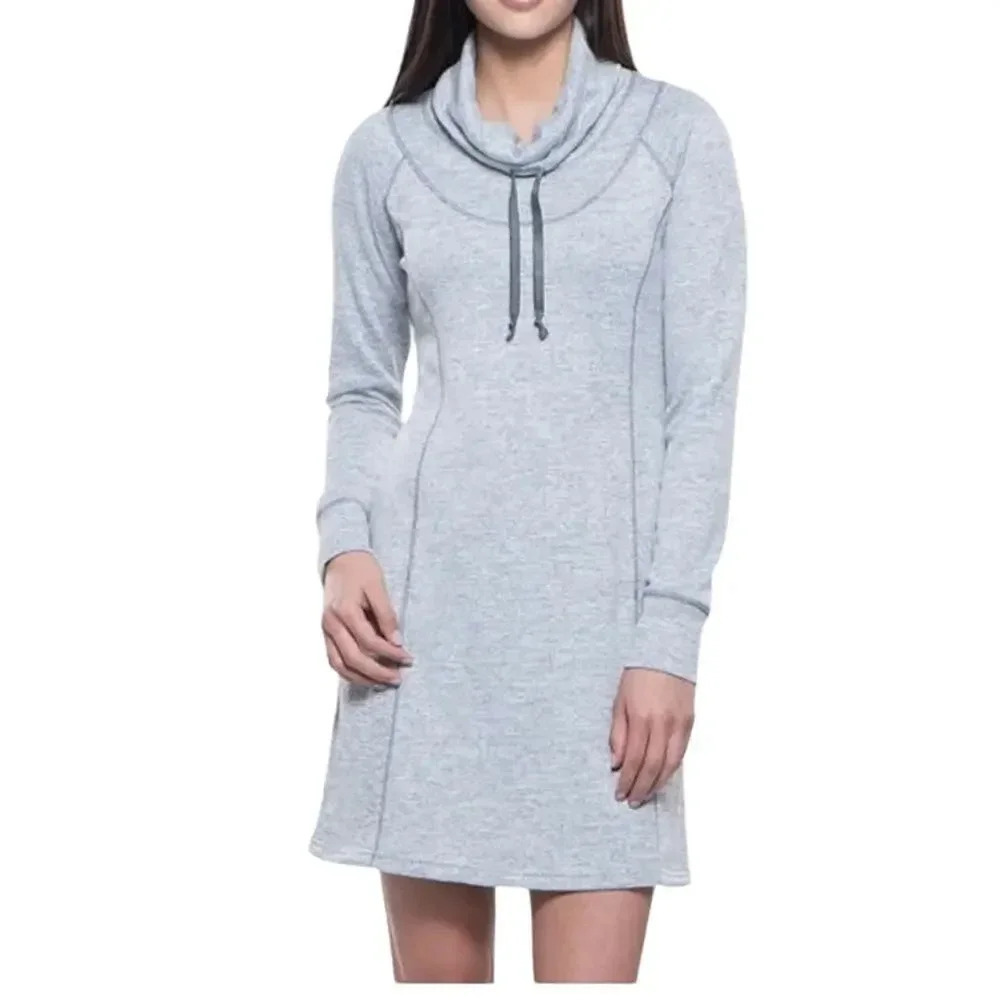 Kuhl Women's Lea Sweater Dress Size M Gray Cotton Long Sleeves Pockets Cowl Neck